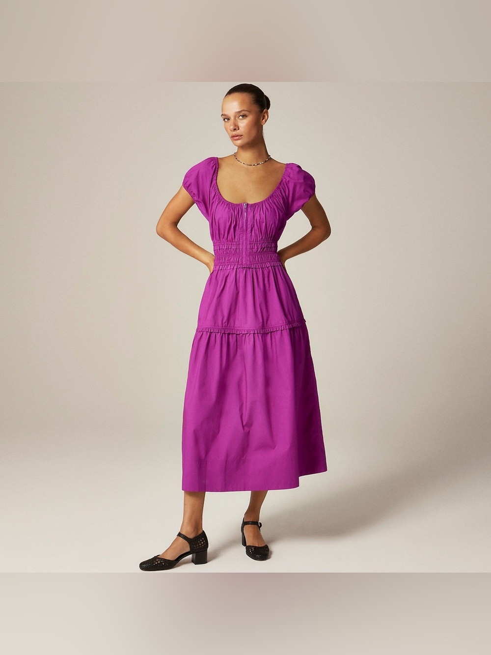 Tiered Midi Dress in Cotton Poplin by J.Crew L Fuchsia